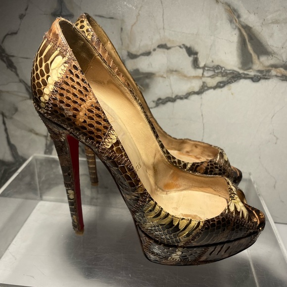 Christian Louboutin Brown Python platchawork banana peep toe platform sz 38 - Picture 3 of 16